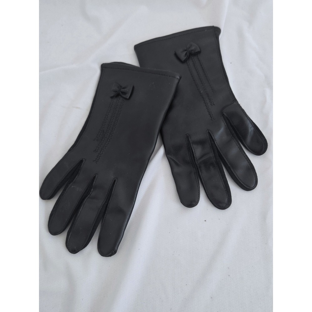 Vintage Avon Black Novahide Vinyl Gloves Bow Detail One Size Women/Teens